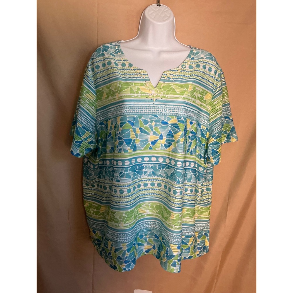 Alfred Dunner Blouse Woman 2X Blue Green Excellent Beaded Rhinestone Split Neck